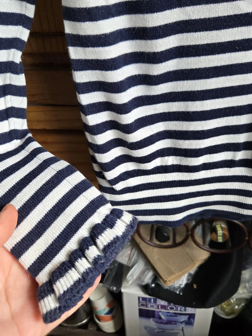 Boden Striped Navy & White Ruffle Neck Sweater